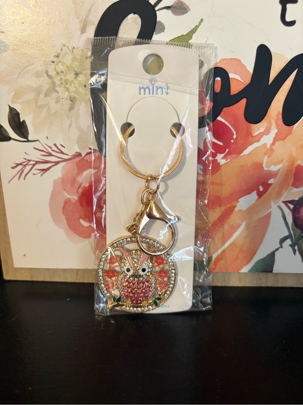 Mint Gold-Tone Owl Keychain with Pink and Green Accents